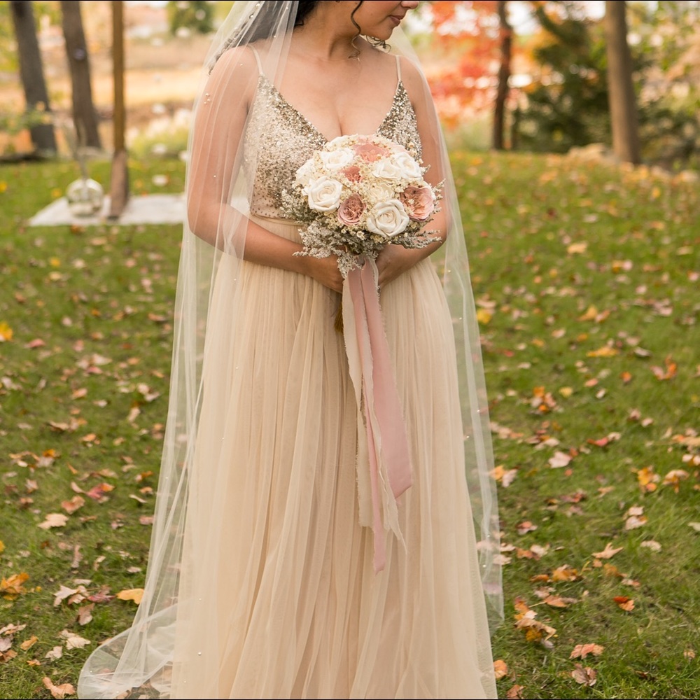 BHLDN wedding dress with sequins.